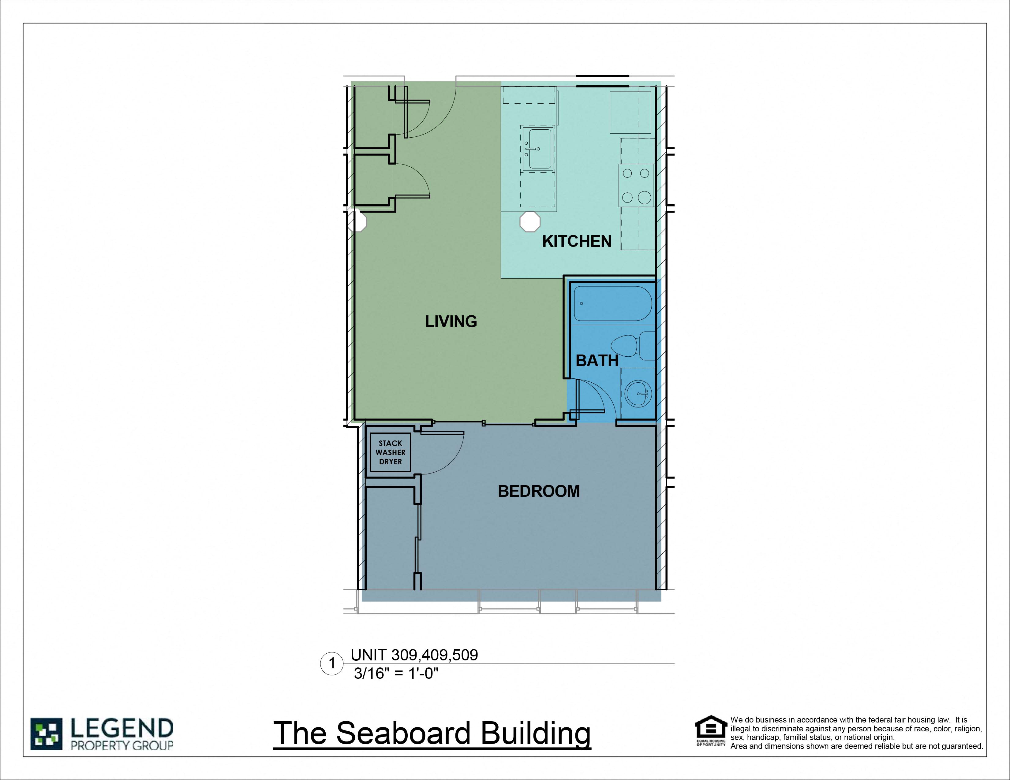 Floor plan for 1 bed, 1 bath, 557 sqft